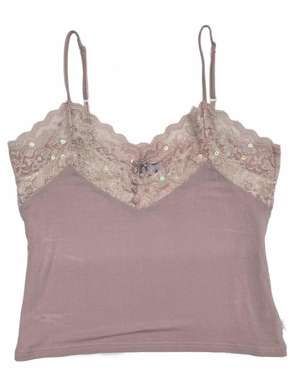 Y2K AKA Baby Pink Sequinned Lace Camisole Built In Cream Under Layer Sz L Fairy